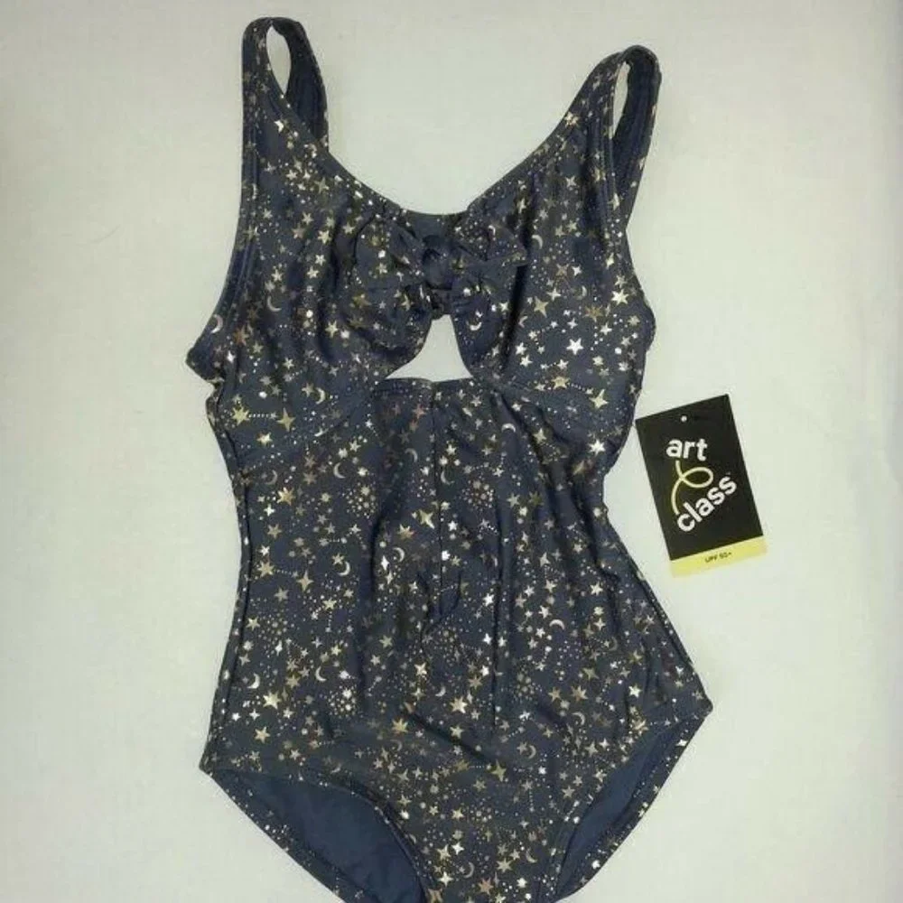 Art Class Girls swim suit Zephyr Blue with gold metallic Moon Stars Bathing